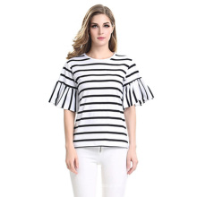 2019 Women Ruffles Sleeve Casual T Shirt Striped Black and White O Neck Summer Spring T-shirt Woman Clothes Tee Shirts Tops